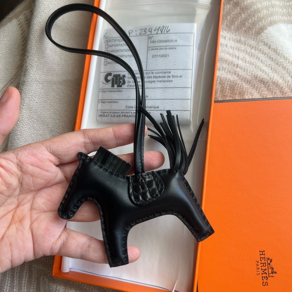 Hermes so black touch croc rodeo bag charm PM